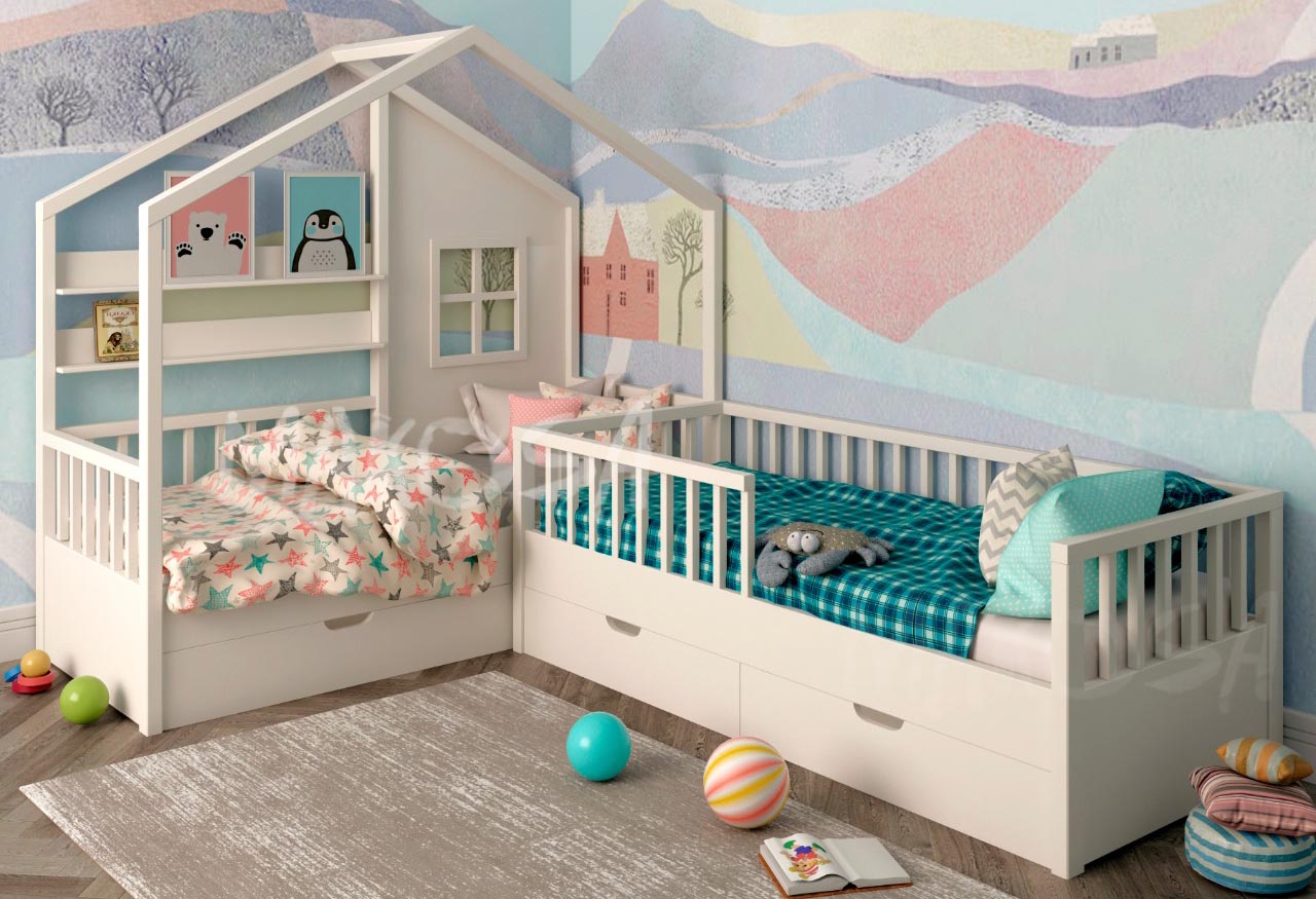 Угловая кровать домик для двоих детей Бонифаций купить в интернет-магазинеМагсэйл - 54055 руб.