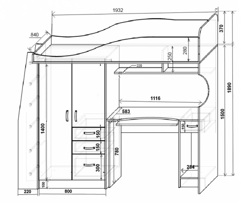 Чертеж детской кровати чердака с размерами