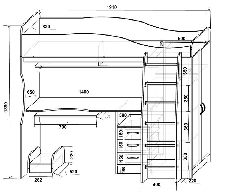 Чертеж детской кровати чердака с размерами