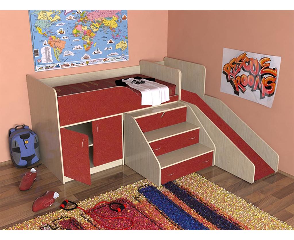 детская кровать горка со столом и шкафом