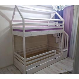 Двухъярусная кровать Домик Классика с лестницей 80х190 беленый дуб, КОД:, images №1, magsale.ru