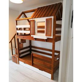 Двухъярусная выдвижная кровать Домик Колибри 90х180 итальянский орех+белая эмаль, КОД:, images №1, magsale.ru