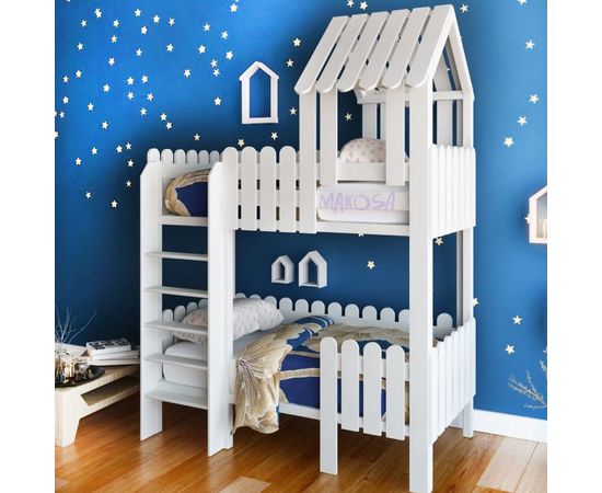Двухъярусная кровать-домик из массива Птенчик, КОД:MS1010, images №1, magsale.ru