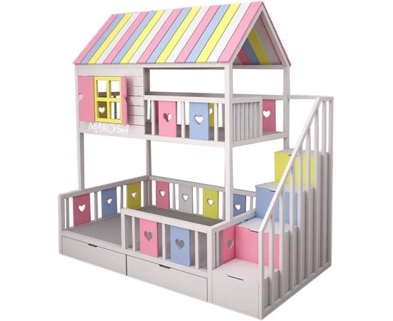 Двухъярусная кровать-домик из массива Буги-Вуги, КОД:MS1144, images №1, magsale.ru