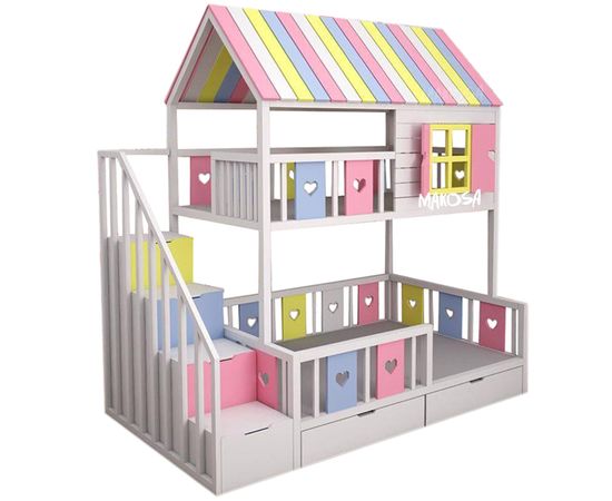 Двухъярусная кровать-домик из массива Буги-Вуги, КОД:MS1144, images №2, magsale.ru