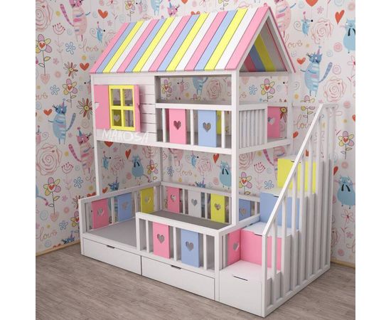 Двухъярусная кровать-домик из массива Буги-Вуги, КОД:MS1144, images №3, magsale.ru