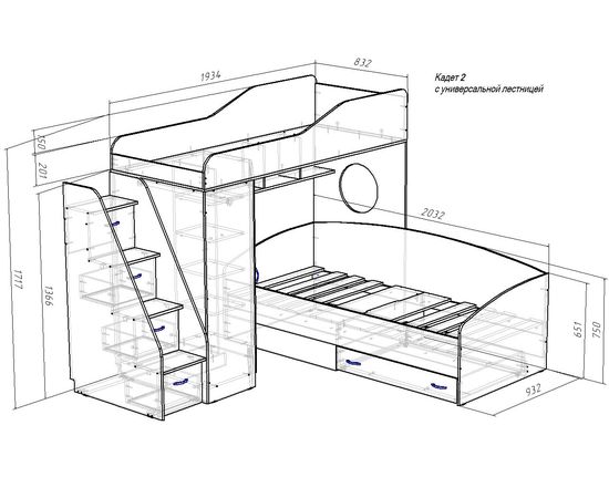 Двухъярусная кровать Кадет-2 с универсальной лестницей, КОД:ЯКД223, images №3, magsale.ru