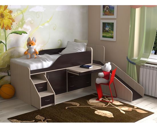 Детская кровать-чердак со столом Кузя-3 Мини с горкой, КОД:SL435, images №1, magsale.ru