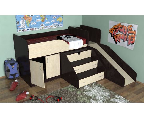 Детская кровать-чердак Кузя с горкой, КОД:SL430, images №3, magsale.ru