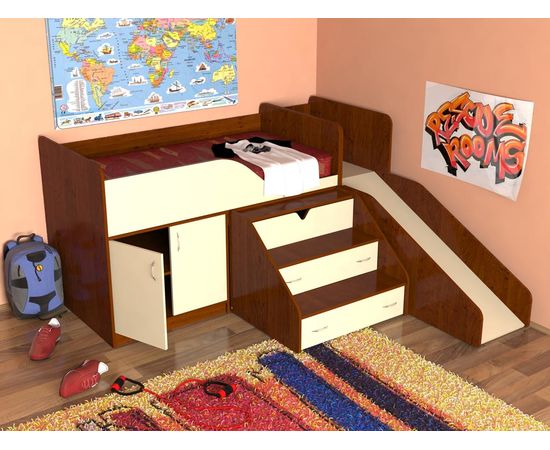 Детская кровать-чердак Кузя с горкой, КОД:SL430, images №1, magsale.ru