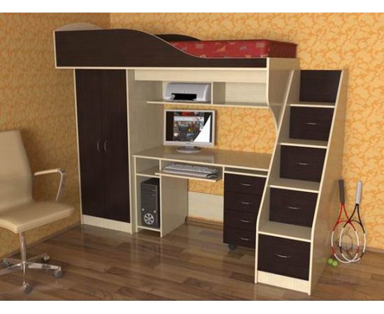 Кровать-чердак с рабочей зоной Квартет, КОД:SLM007, images №1, magsale.ru