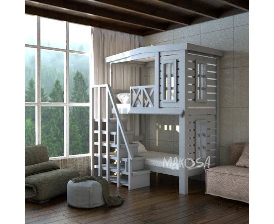 Двухъярусная кровать-домик из массива дерева Сингапур, КОД:MS617, images №2, magsale.ru
