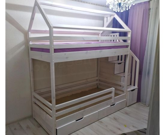 Двухъярусная кровать Домик Классика с лестницей 80х190 беленый дуб, КОД:, images №1, magsale.ru