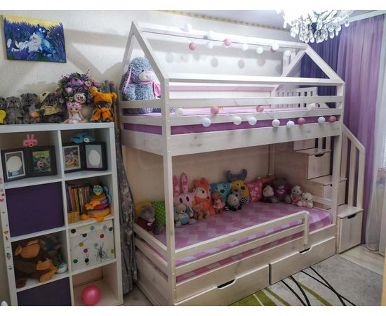 Двухъярусная кровать Домик Классика с лестницей 80х190 беленый дуб, КОД:, images №2, magsale.ru