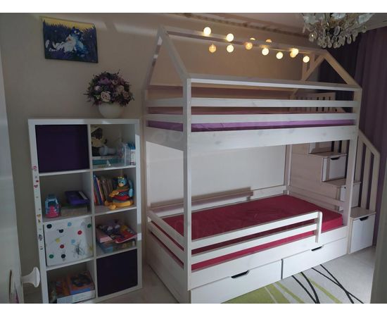 Двухъярусная кровать Домик Классика с лестницей 80х190 беленый дуб, КОД:, images №3, magsale.ru