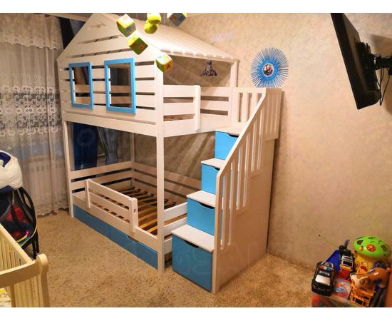 Двухъярусная кровать-домик Бекки 80х190 белая эмаль+5012, КОД:, images №1, magsale.ru