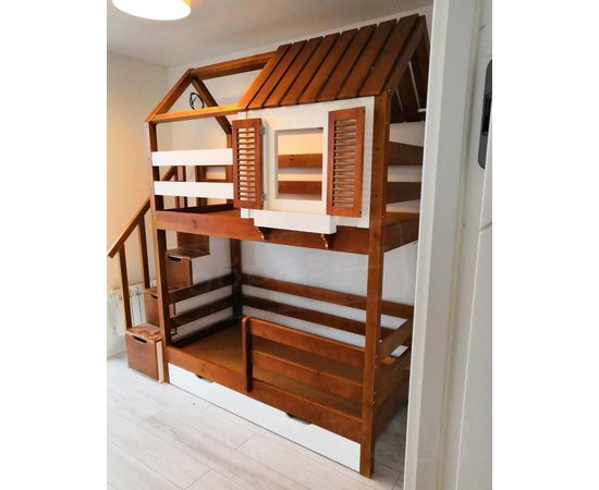 Двухъярусная выдвижная кровать Домик Колибри 90х180 итальянский орех+белая эмаль, КОД:, images №1, magsale.ru