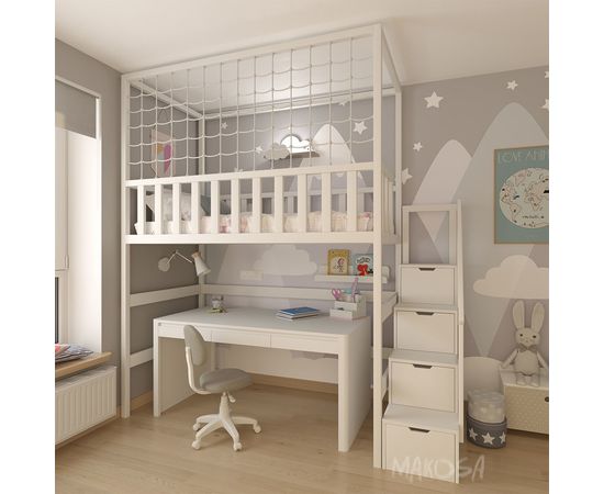 Кровать-чердак из массива с балдахином и сеткой Петра, КОД:MS652, images №1, magsale.ru