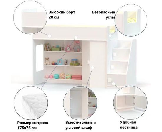 Кровать-чердак с угловым шкафом и угловой лестницей Ridgimmi 2.3, КОД:RI004, images №3, magsale.ru