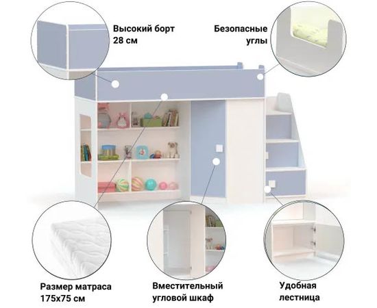 Кровать-чердак с угловым шкафом и угловой лестницей Ridgimmi 2.3, КОД:RI004, images №7, magsale.ru