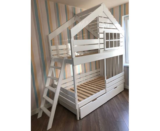 Двухъярусная кровать-домик из массива Робин Гуд, КОД:MS484, images №2, magsale.ru