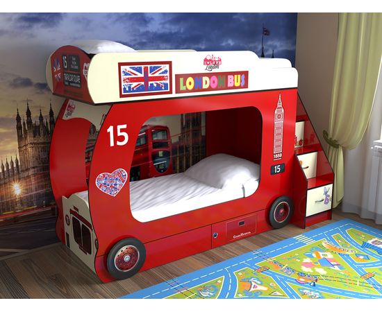 Двухъярусная кровать Автобус-2, лестница с ящиками, КОД:SL102, images №4, magsale.ru