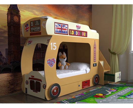 Двухъярусная кровать Автобус-2, лестница с ящиками, КОД:SL102, images №2, magsale.ru