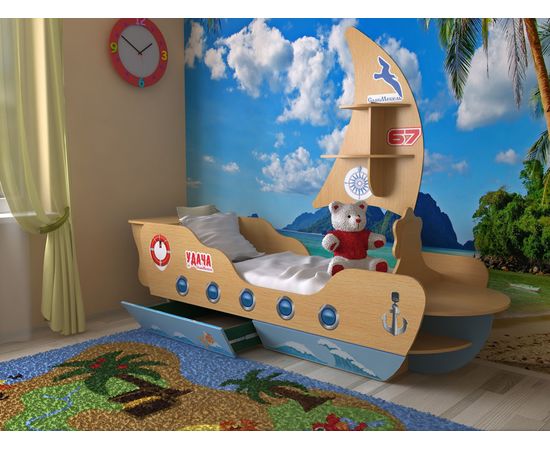 Детская кровать Кораблик с ящиками и парусом, КОД:SL122, images №1, magsale.ru