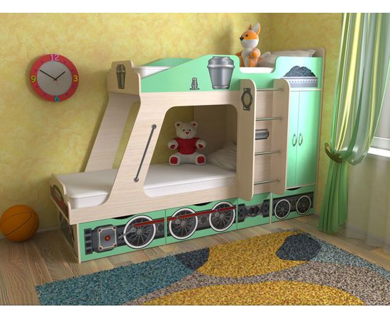Двухъярусная кровать Паровозик с ящиками, КОД:SL124, images №1, magsale.ru Двухъярусная кровать Паровозик с ящиками, КОД:SL124, images №1, magsale.ru